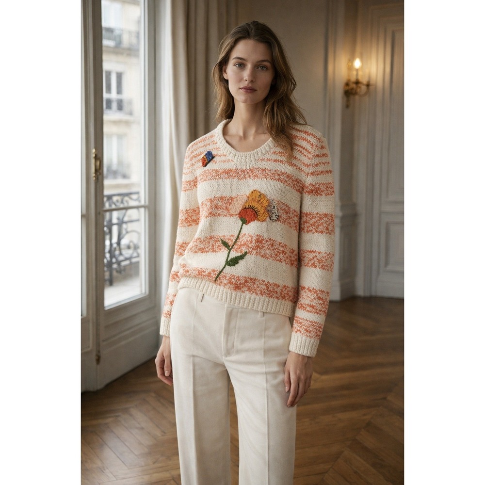 Cinzia Pistoia Hand Knit Floral Sweater Small Orange Striped Cottagecore Coastal